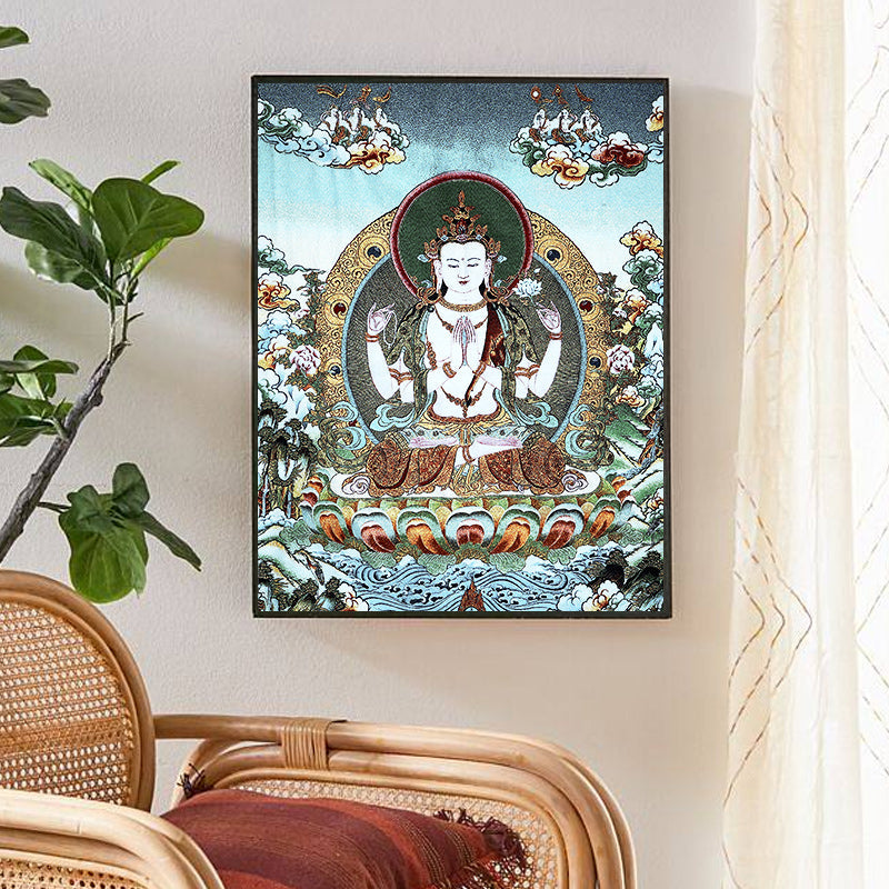 Karma Stone Tibetan Embroidery White Tara Thangka Tapestry Wall Hanging Wall Art Meditation for Home Decor