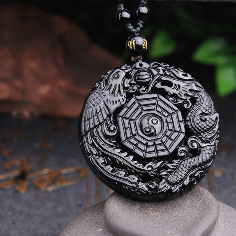 Karma Stone Bagua Dragon Phoenix Obsidian Fulfilment Pendant Necklace