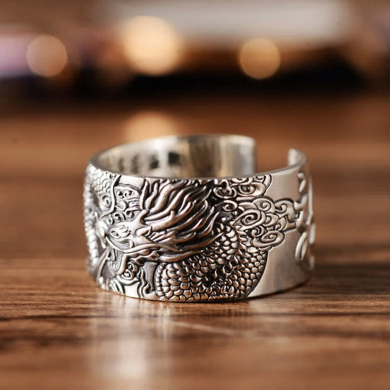Karma Stone 999 Sterling Silver Dragon Carved Pattern Protection Success Ring