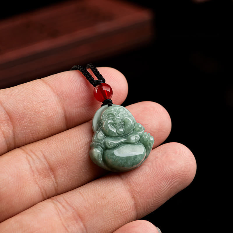 Karma Stone Natural Green Jade Laughing Buddha Luck Abundance Necklace Pendant