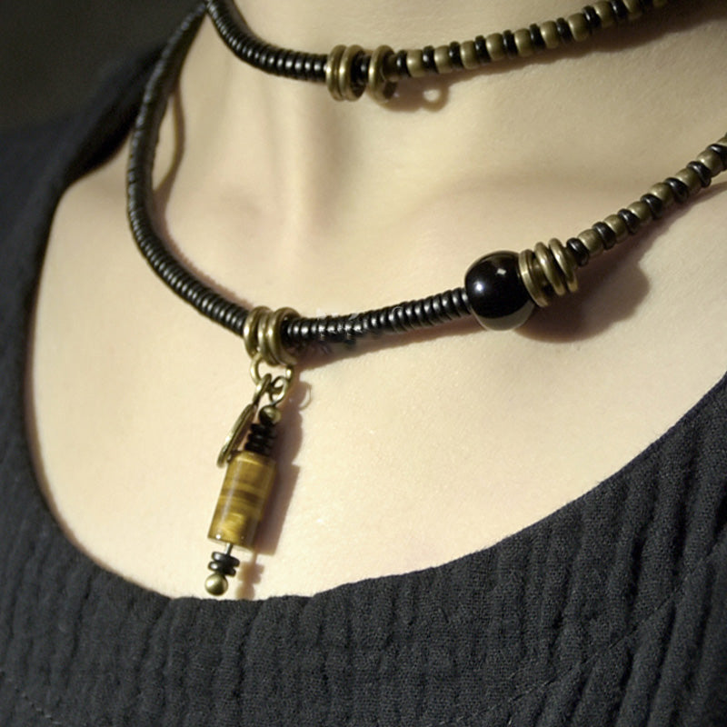 Karma Stone Ebony Wood Dzi Bead Copper Peace Couple Bracelet Necklace Pendant