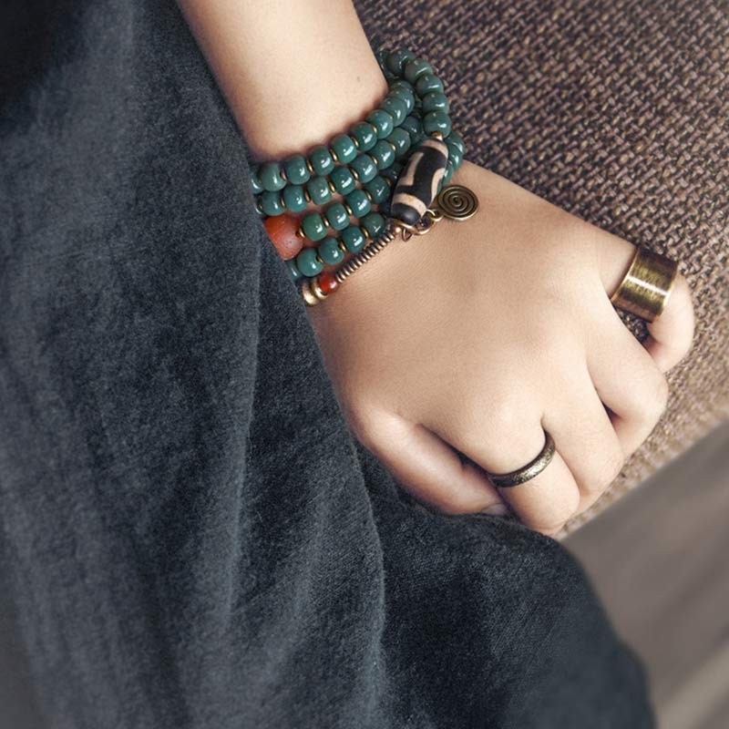Karma Stone 108 Mala Beads Bodhi Seed Dzi Bead Wisdom Bracelet