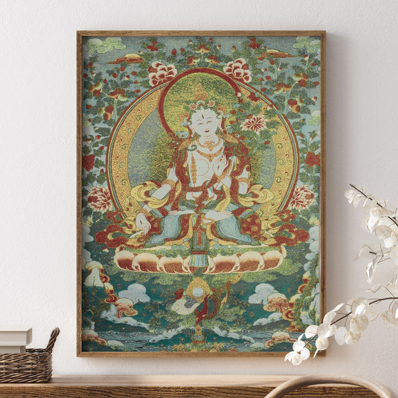 Karma Stone Tibetan Embroidery White Tara Thangka Tapestry Wall Hanging Wall Art Meditation for Home Decor