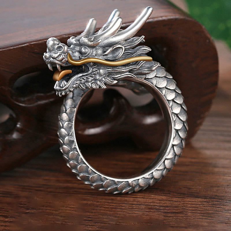 Karma Stone 925 Sterling Silver Vintage Dragon Design Protection Strength Adjustable Ring