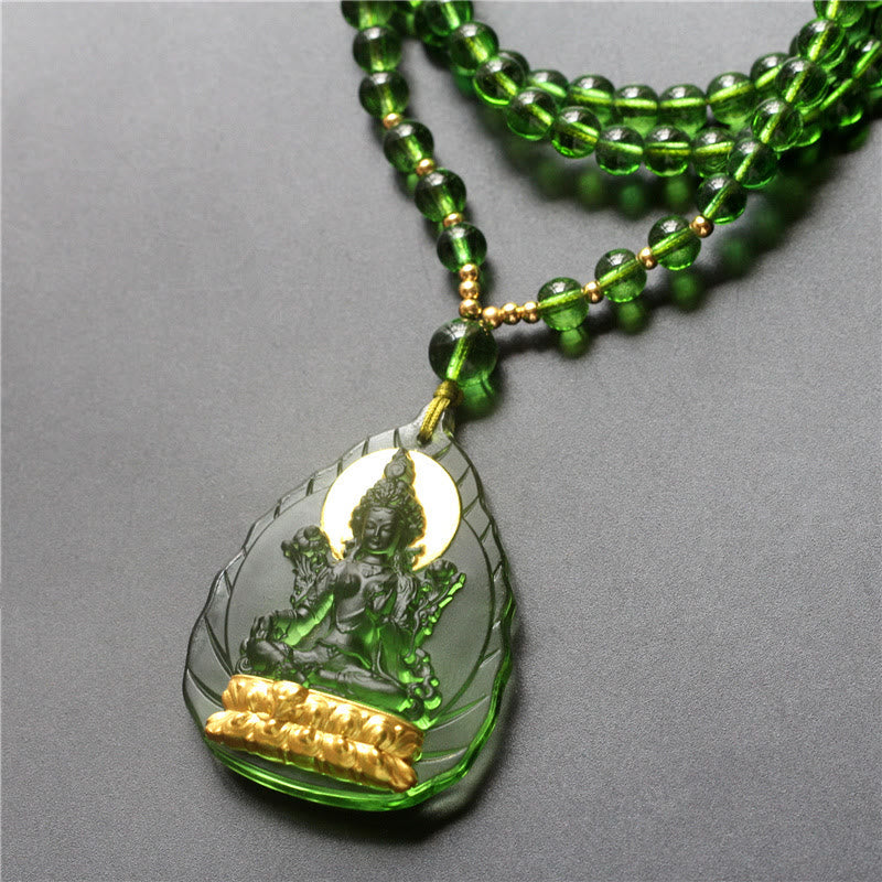 Karma Stone Tibetan Green Tara Buddha Gold Plated Liuli Crystal Protection Necklace Pendant