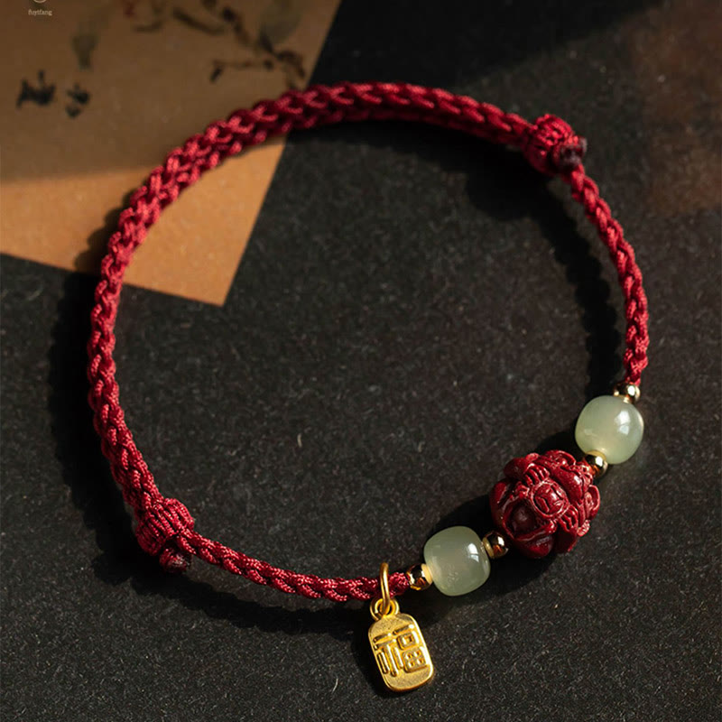 Karma Stone Natural Cinnabar Chinese Zodiac Hetian Jade Fu Character Luck Rope Bracelet