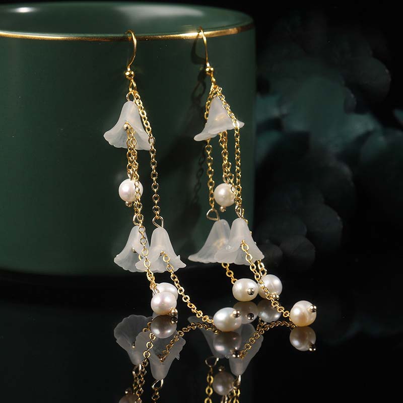 Karma Stone Pearl Flower Petals Luck Drop Earrings