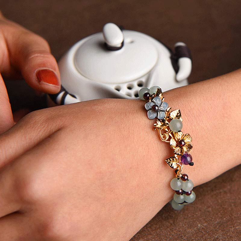 Karma Stone Green Aventurine Garnet Bead Flower Petal Luck Bracelet