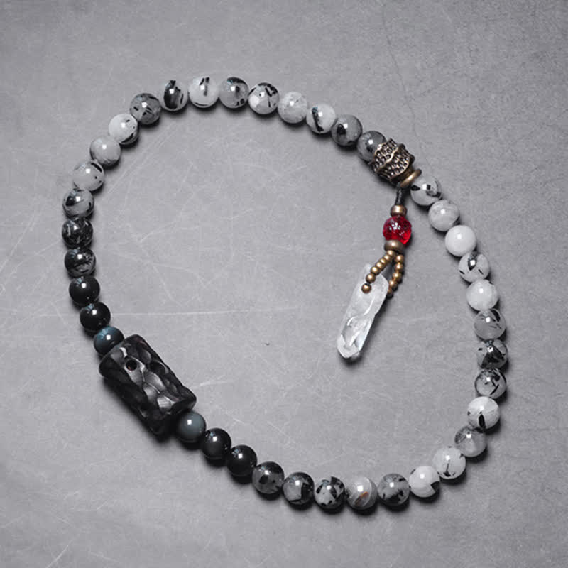 Karma Stone Black Rutilated Quartz Ebony Wood White Crystal Success Couple Bracelet