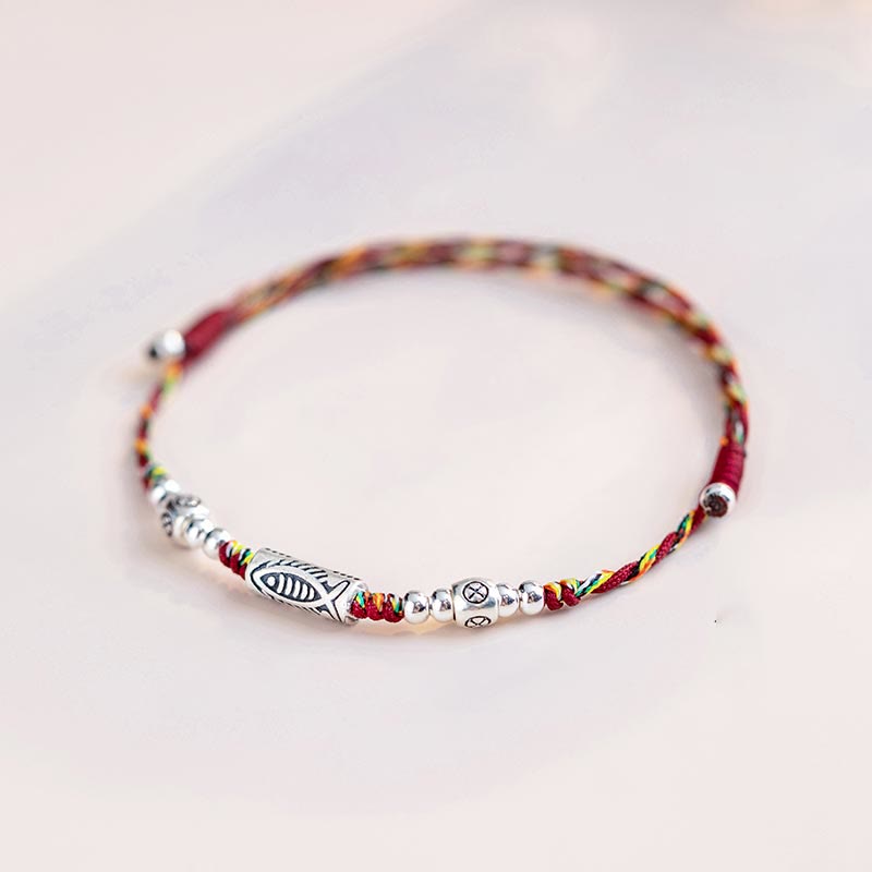 Karma Stone 925 Sterling Silver Luck Koi Fish Braided Colorful String Bracelet Anklet