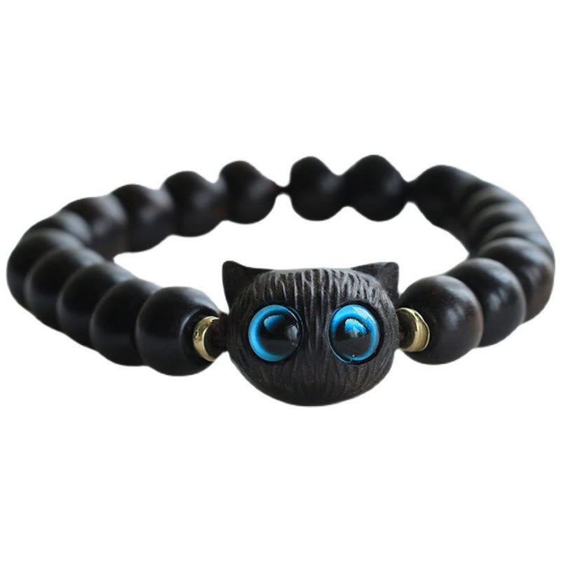 Karma Stone Ebony Wood Green Sandalwood Cute Cat Peace Bracelet