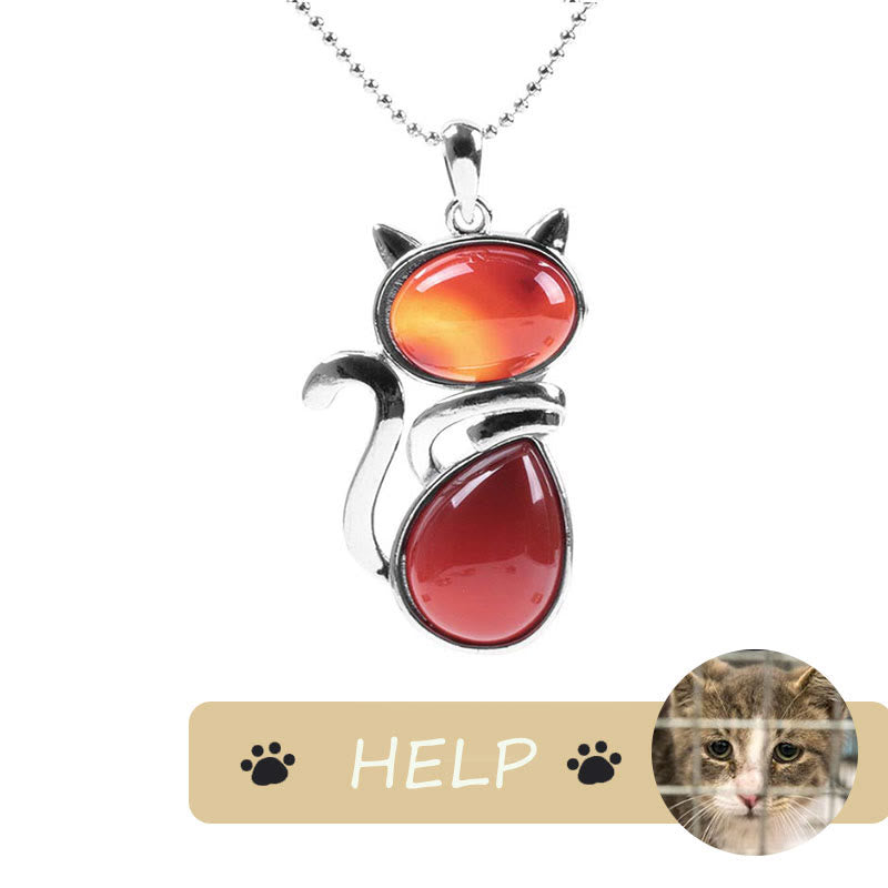 Karma Stone "Save A Cat" Cute Cat Pattern Natural Crystal Protection Cat-Loving Pendant Necklace