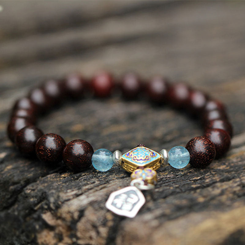 Karma Stone 925 Sterling Silver Indian Small Leaf Red Sandalwood Aquamarine Full of Gold Star Chinese Knotting Blessing Bracelet