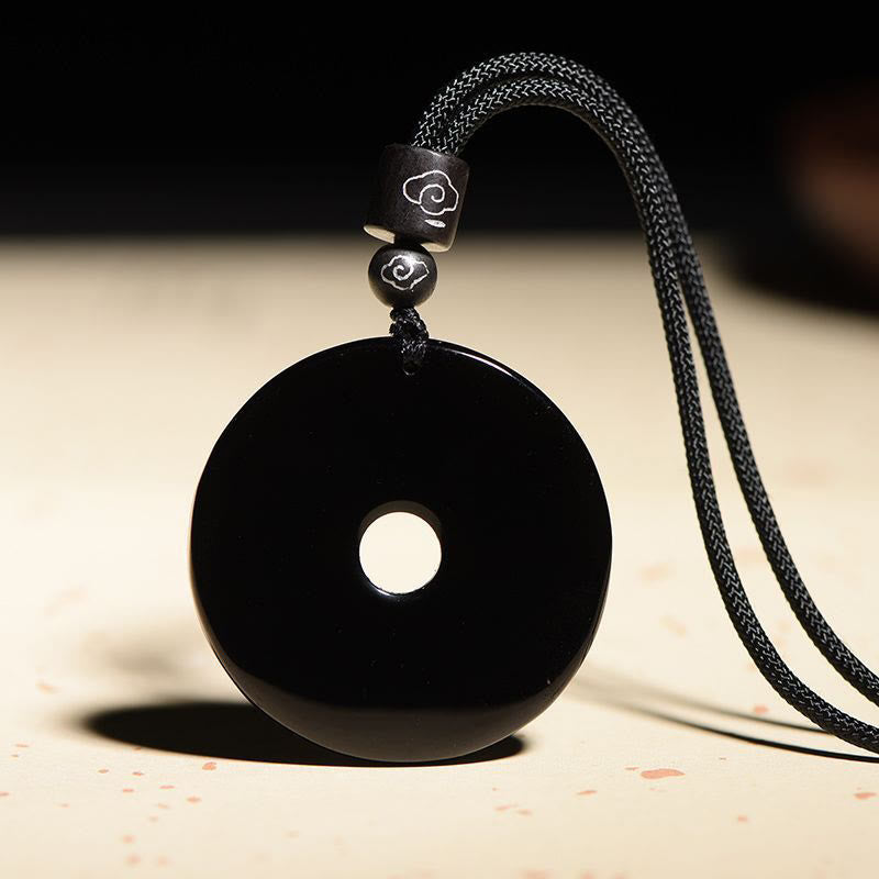Karma Stone Chinese Zodiac Natural Black Obsidian Peace Buckle Strength Necklace Pendant