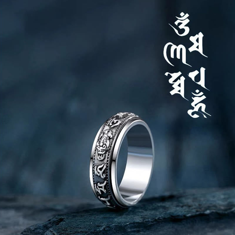 Karma Stone Tibetan Om Mani Padme Hum PiXiu Engraved Wealth Luck Rotatable Ring