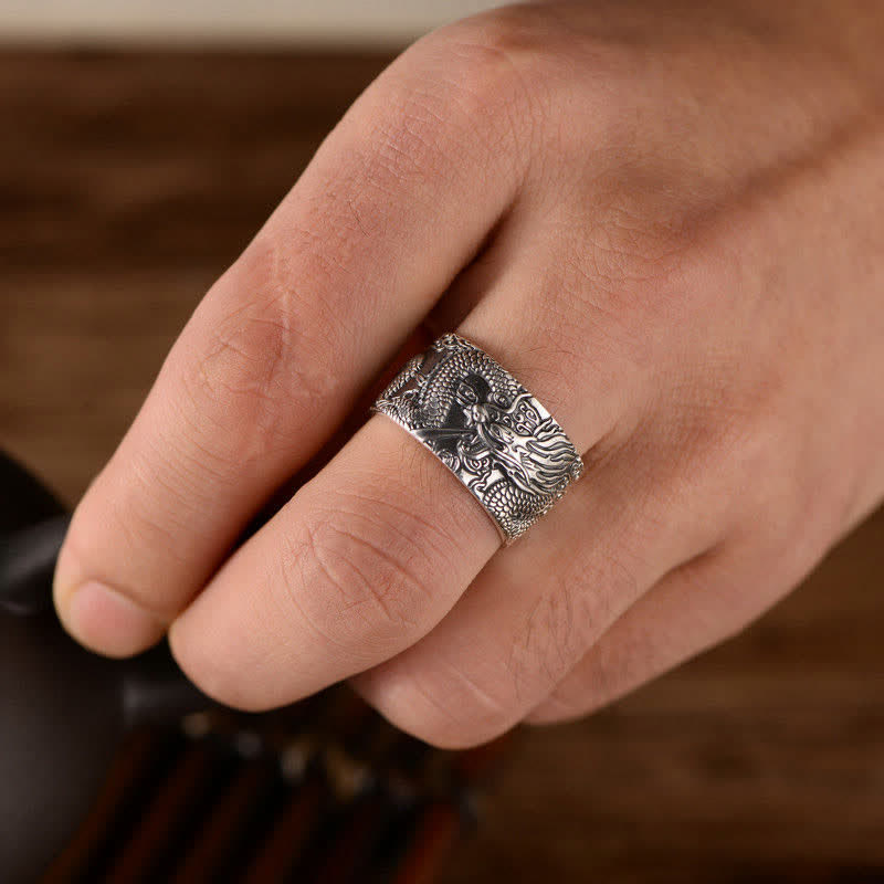 Karma Stone 999 Sterling Silver Dragon Carved Pattern Protection Success Ring