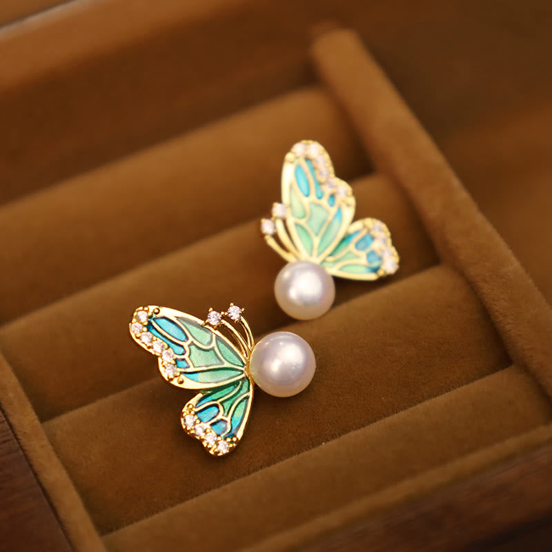Karma Stone 925 Sterling Silver Posts 18K Gold Plated Copper Natural Pearl Butterfly Healing Stud Earrings