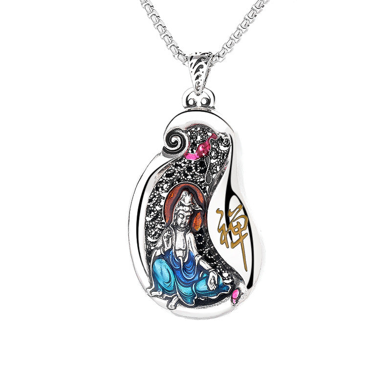 Karma Stone Avalokitesvara Lotus Design Copper Wealth Necklace Pendant