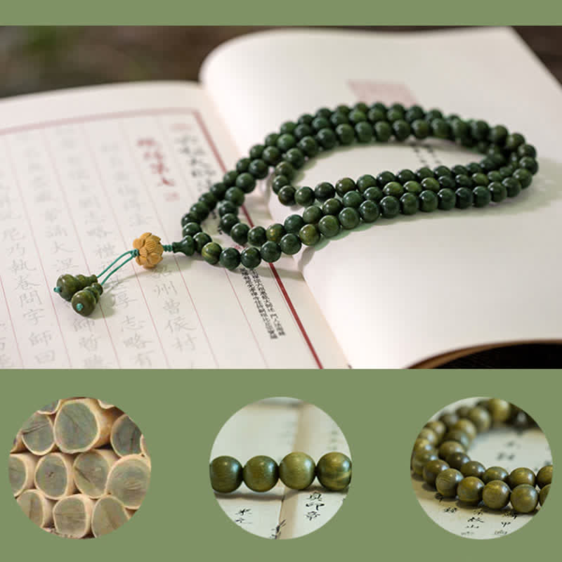 Karma Stone 108-Bead Rosary Green Sandalwood, Boxwood, Lotus, Auspicious Wooden Rosary Bracelet