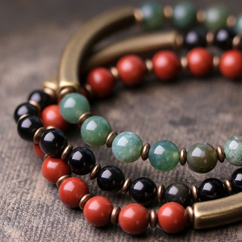 Karma Stone Red Jasper Moss Agate Black Obsidian Crystal Copper Peace Couple Bracelet
