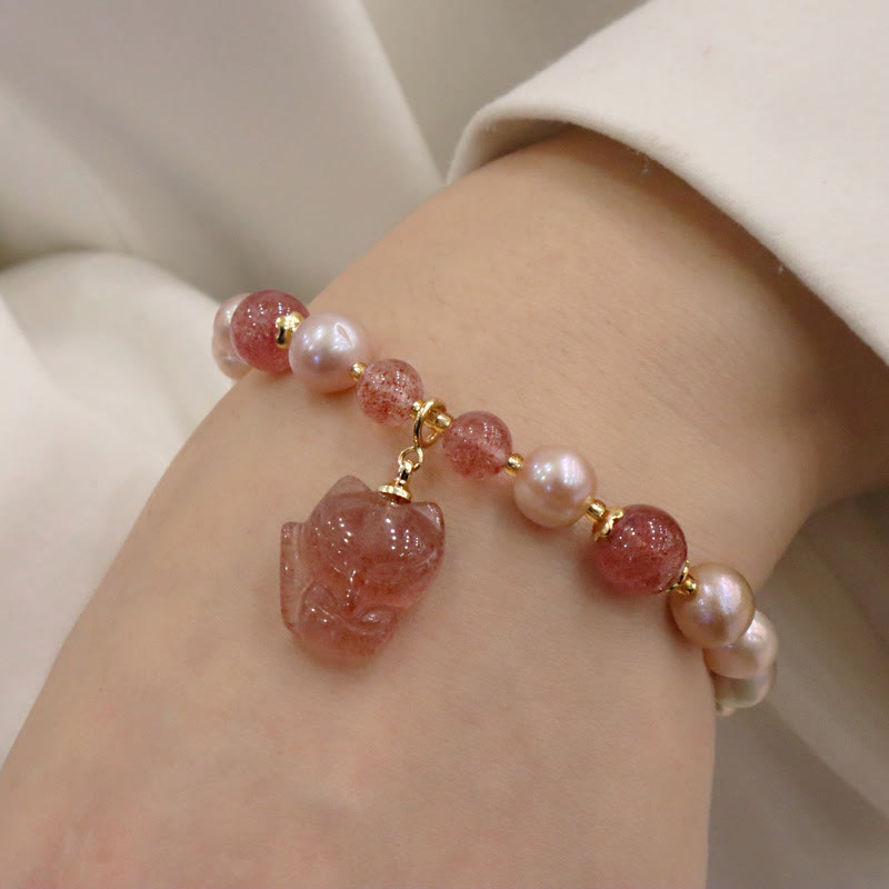 Karma Stone Natural Pearl Strawberry Quartz Cute Fox Love Healing Charm Bracelet