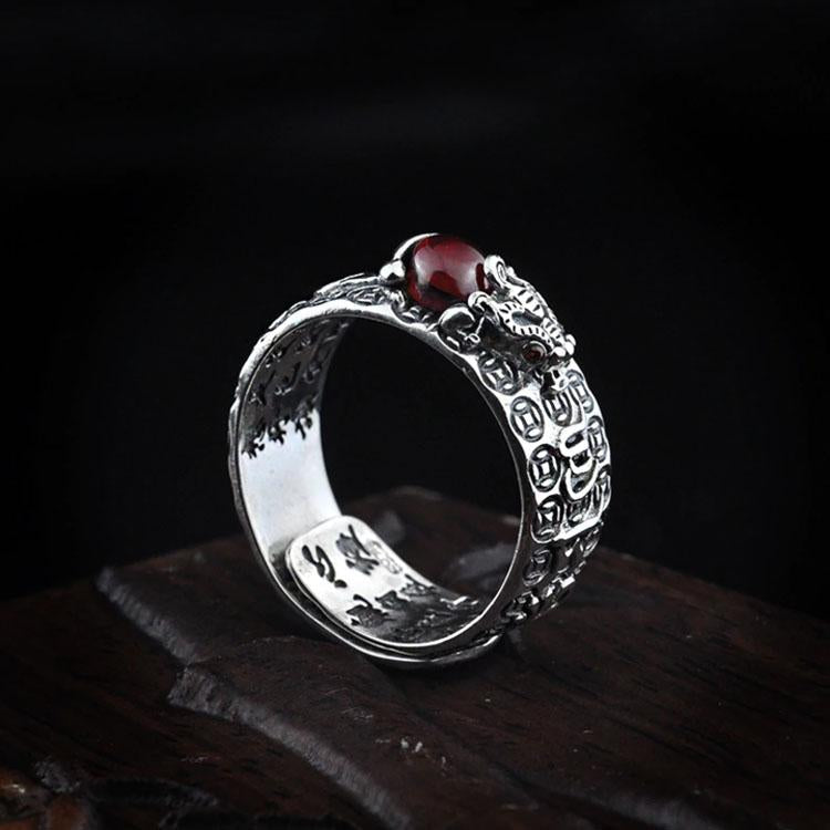 Karma Stone Natural Garnet Pixiu Ring - Feng Shui Wealth Ring