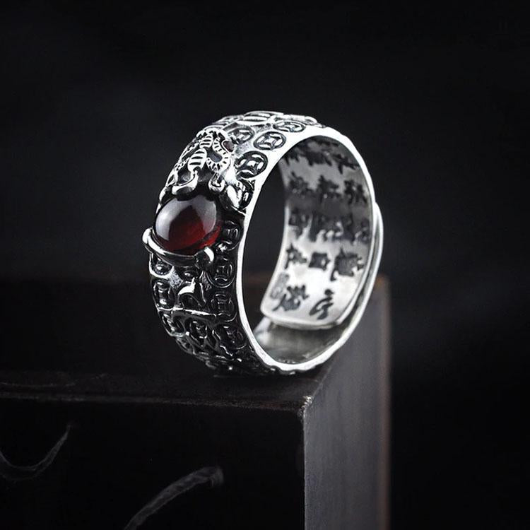 Karma Stone Natural Garnet Pixiu Ring - Feng Shui Wealth Ring