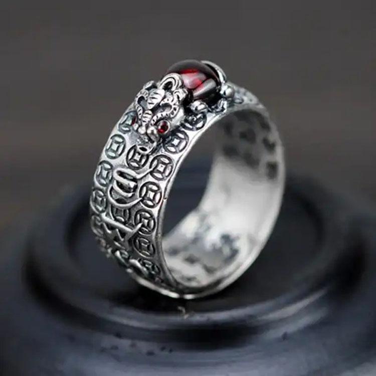 Karma Stone Natural Garnet Pixiu Ring - Feng Shui Wealth Ring