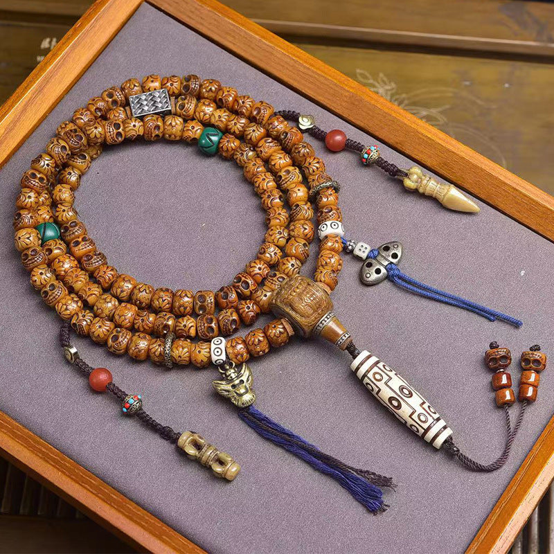 Karma Stone Sacred Guardian Handcrafted 108 Mala Beads - Silver & Yak Bone Talisman