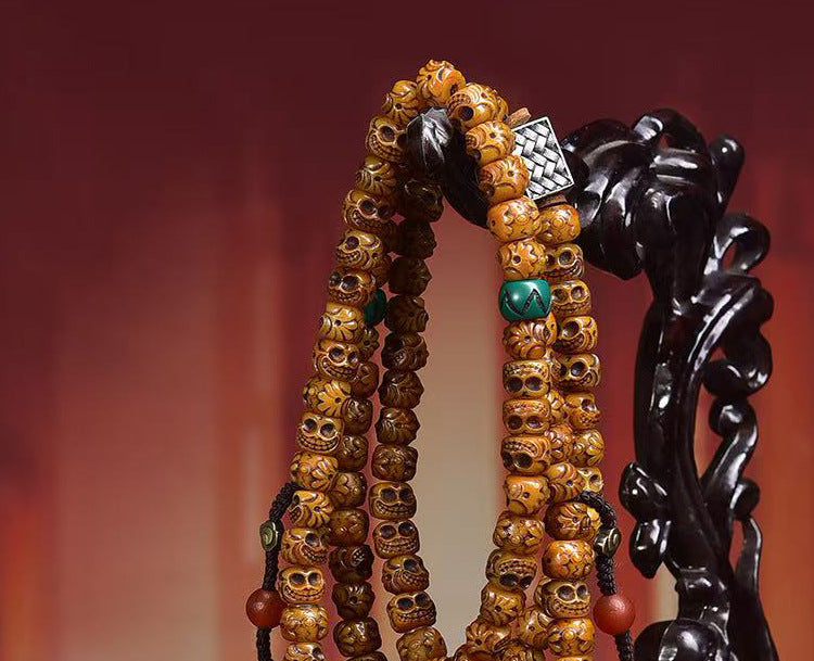 Karma Stone Sacred Guardian Handcrafted 108 Mala Beads - Silver & Yak Bone Talisman