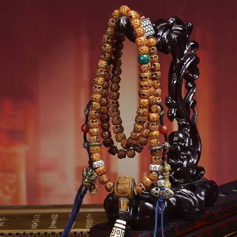 Karma Stone Sacred Guardian Handcrafted 108 Mala Beads - Silver & Yak Bone Talisman