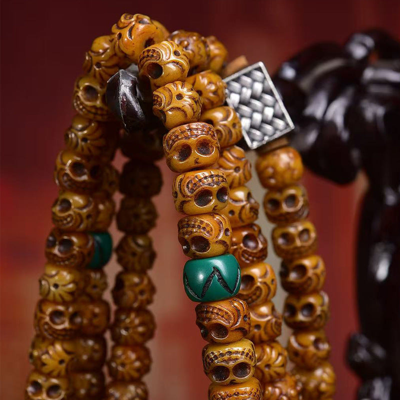 Karma Stone Sacred Guardian Handcrafted 108 Mala Beads - Silver & Yak Bone Talisman