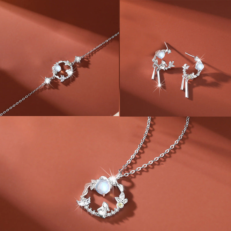 Karma Stone 925 Sterling Silver Moonstone Moon Flower Pattern Necklace Pendant Bracelet Earrings