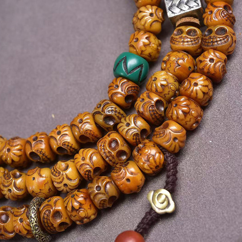 Karma Stone Sacred Guardian Handcrafted 108 Mala Beads - Silver & Yak Bone Talisman