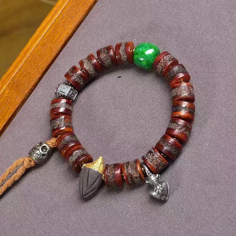 Karma Stone Tibetan yak bone bead bracelet  malachite agate