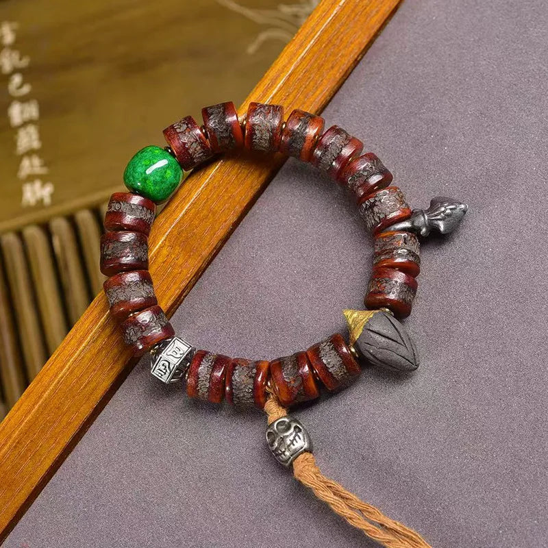 Karma Stone Tibetan yak bone bead bracelet  malachite agate