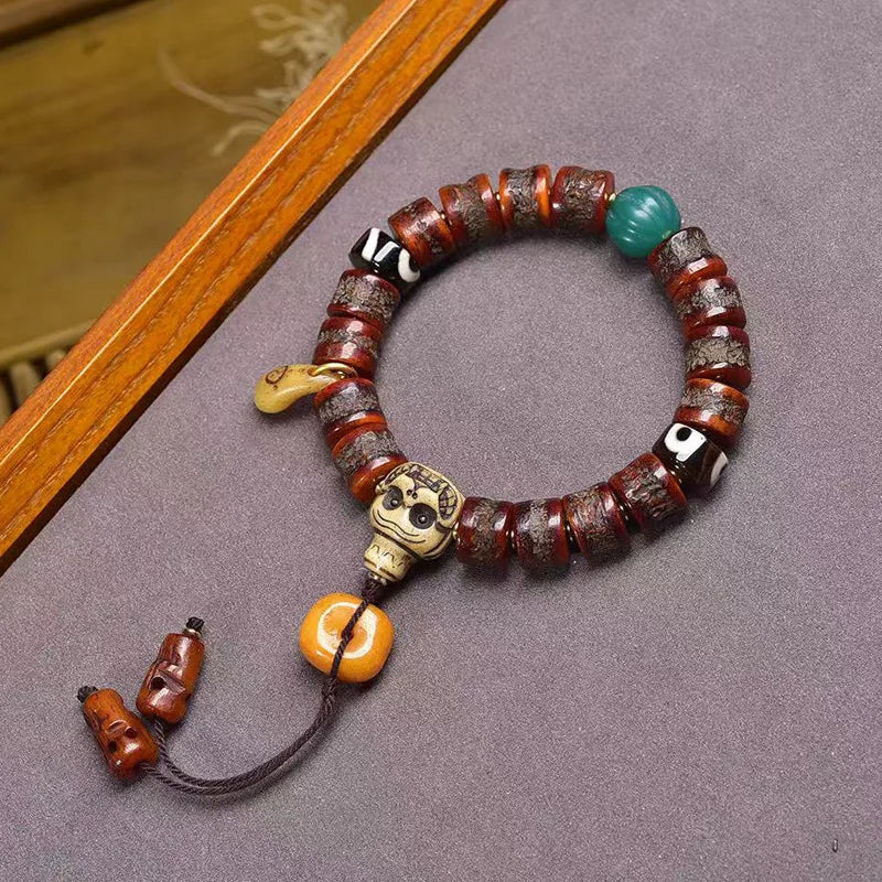 Karma Stone Tibetan yak bone bead bracelet  malachite agate