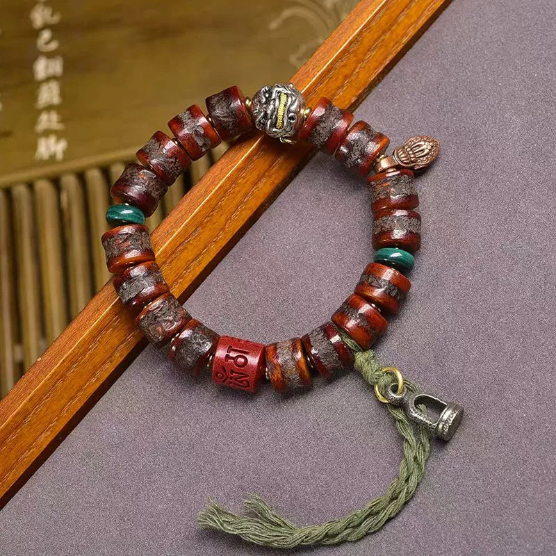 Karma Stone Tibetan yak bone bead bracelet  malachite agate