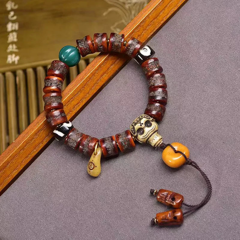 Karma Stone Tibetan yak bone bead bracelet  malachite agate