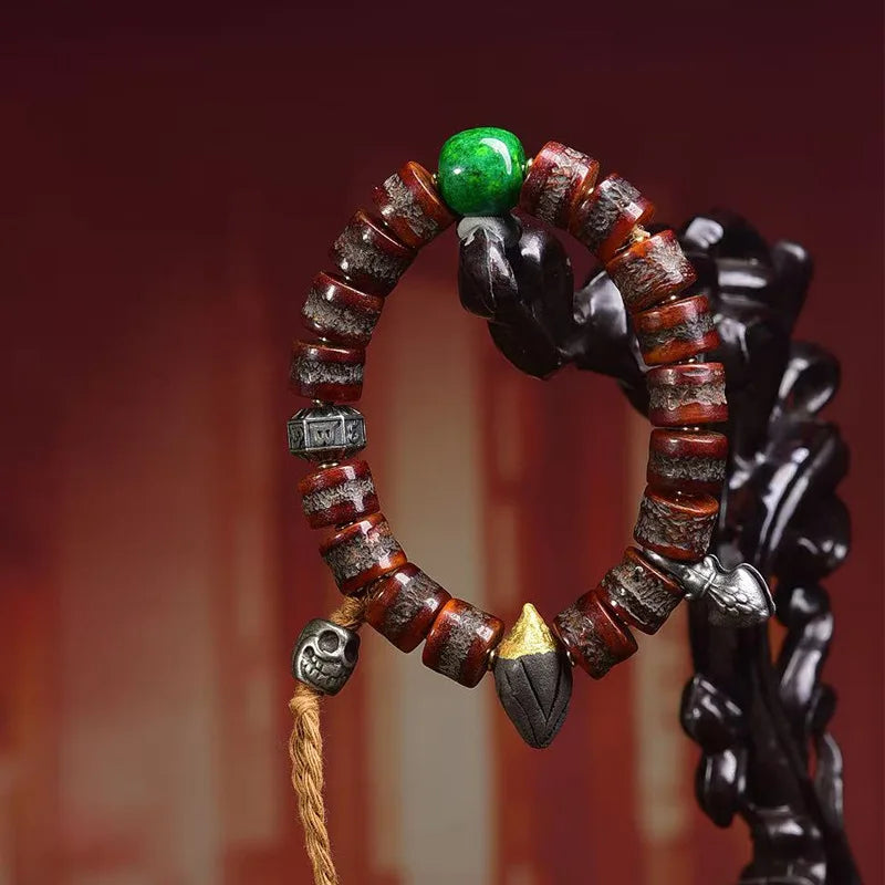 Karma Stone Tibetan yak bone bead bracelet  malachite agate