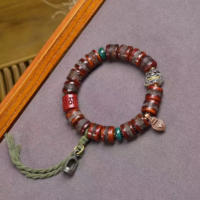 Karma Stone Tibetan yak bone bead bracelet  malachite agate