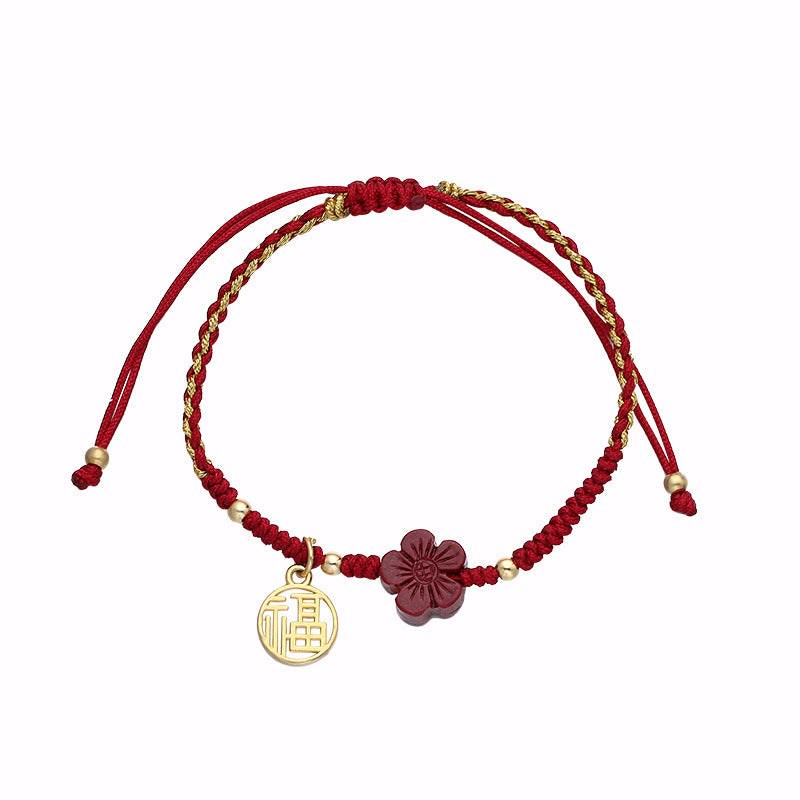 Karma Stone Cinnabar Flower Fu Character Blessing Braided String Bracelet