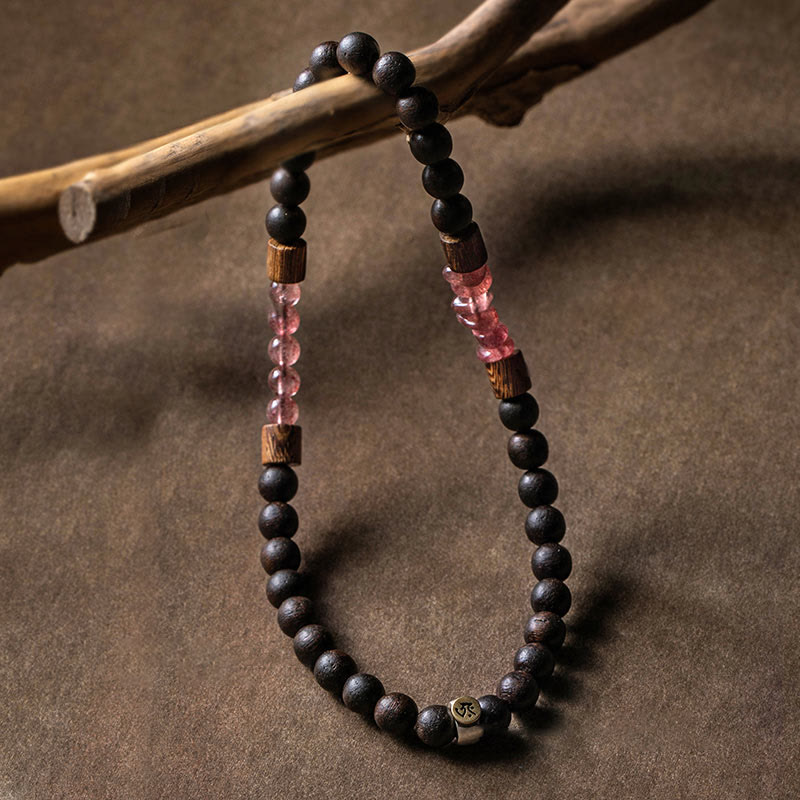 Karma Stone 925 Sterling Silver Chinese Zodiac Natal Buddha Agarwood Strawberry Quartz Peace Double Wrap Bracelet