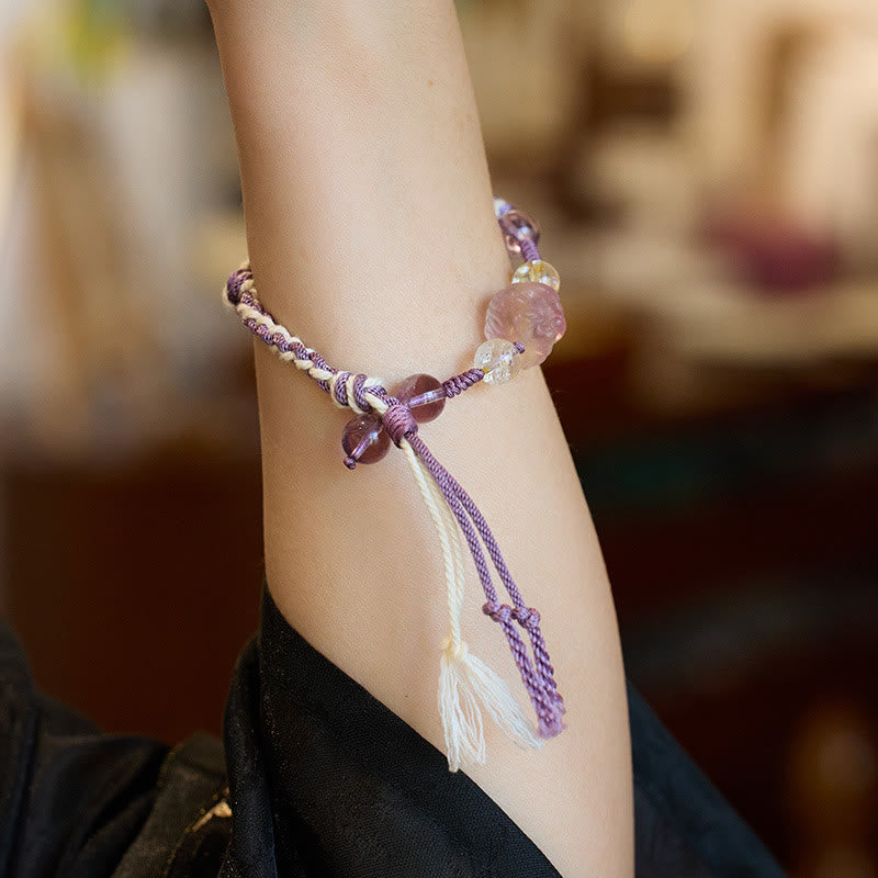 Karma Stone Natural Fluorite Amethyst Silver Sheen Obsidian Tiger's Eye Protection Rope Bracelet