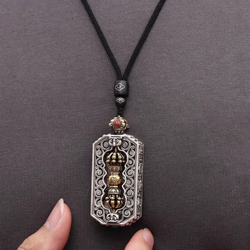 Karma Stone Tibetan Om Mani Padme Hum Carved Dorje Vajra Rotatable Lotus Pattern Purity Rope Necklace Pendant