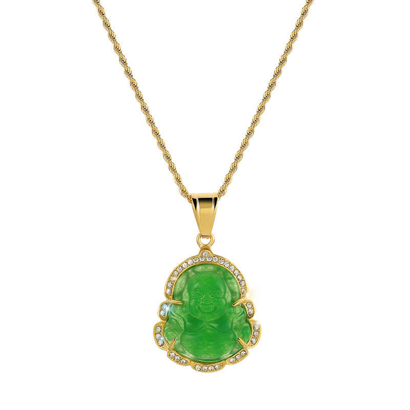 Karma Stone 18K Gold Filled Laughing Buddha Jade Luck Necklace Chain Pendant