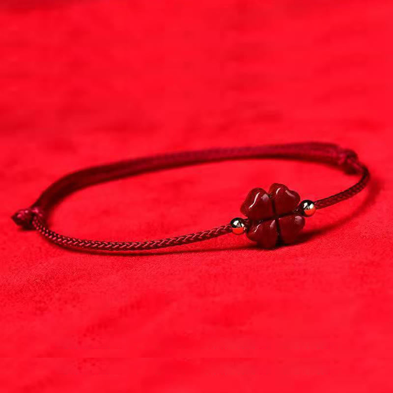 Karma Stone Natural Cinnabar Four Leaf Clover Blessing Red String Bracelet Anklet