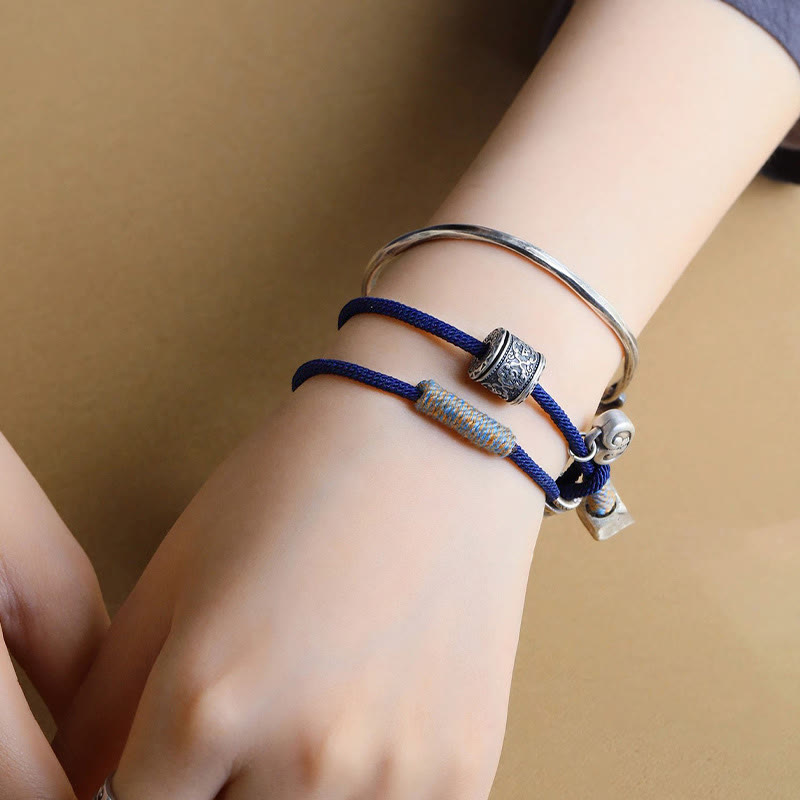 Karma Stone Handmade Tibetan Om Mani Padme Hum Carved Auspicious Amulet Double Wrap Rope Bracelet