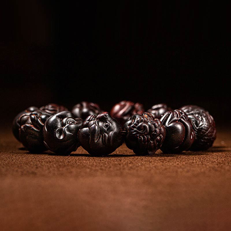 Karma Stone Chinese Zodiac Engraved Small Leaf Red Sandalwood Protection Bracelet