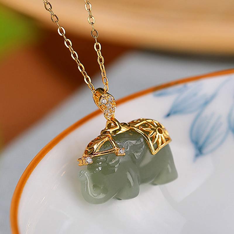 Karma Stone 925 Sterling Silver Jade Elephant Blessing Fortune Necklace Chain Pendant